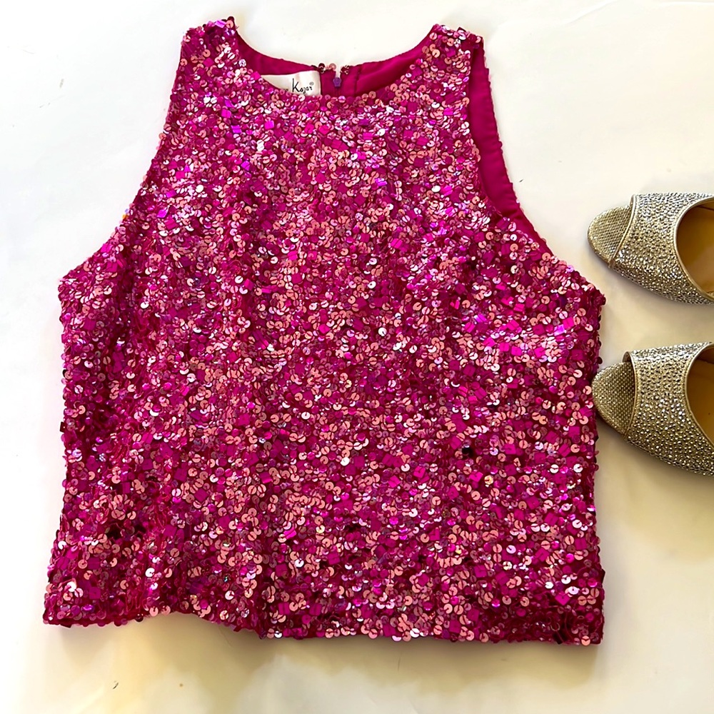 Laurence Kazar pure silk sequined going out crop top fuchsia EUC sari blouse - Picture 2 of 7